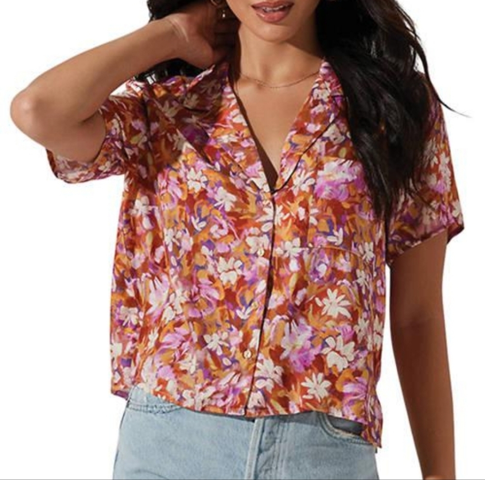 ASTR The LABEL Floral Women's Top - Pink and Orange MEDIUM NWT